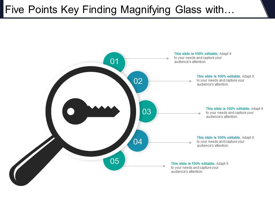 Five points key finding magnifying glass with key icon Slide01