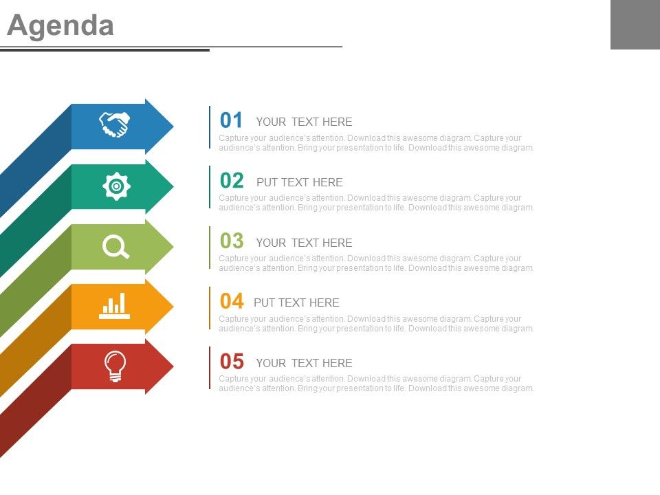 Five staged arrows and icons for business agenda powerpoint slides