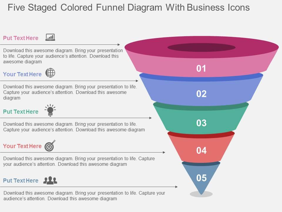 Five Staged Colored Funnel Diagram With Business Icons Flat Powerpoint