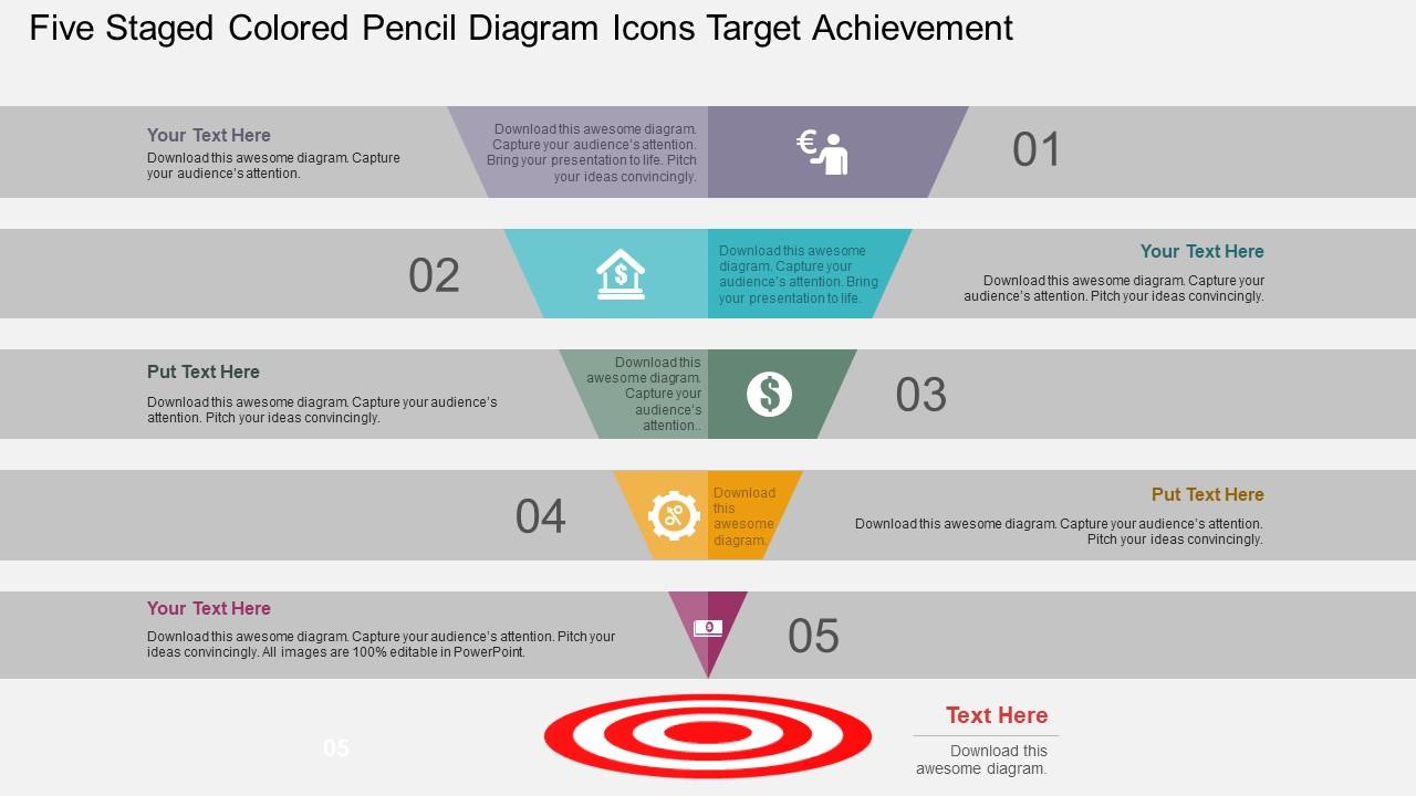 Five staged colored pencil diagram icons target achievement flat powerpoint design