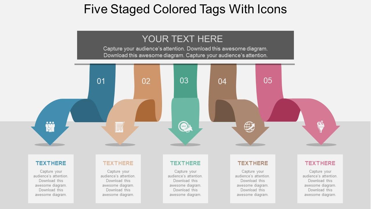 Five staged colored tags with icons flat powerpoint design Slide01