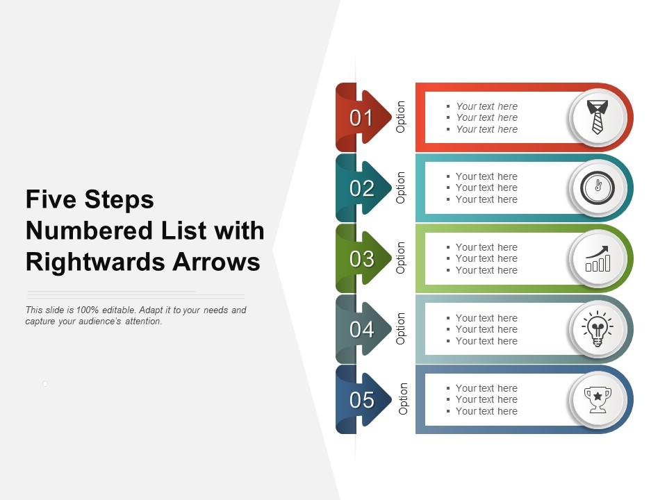 Five steps numbered list with rightwards arrows