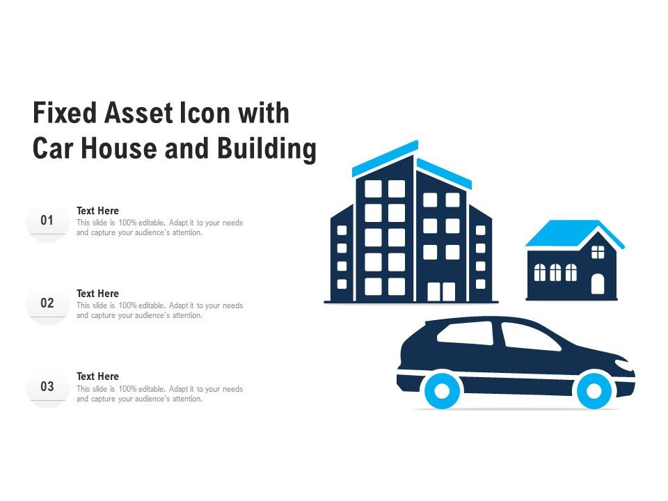 Fixed Asset Icon With Car House And Building PowerPoint Slide Images