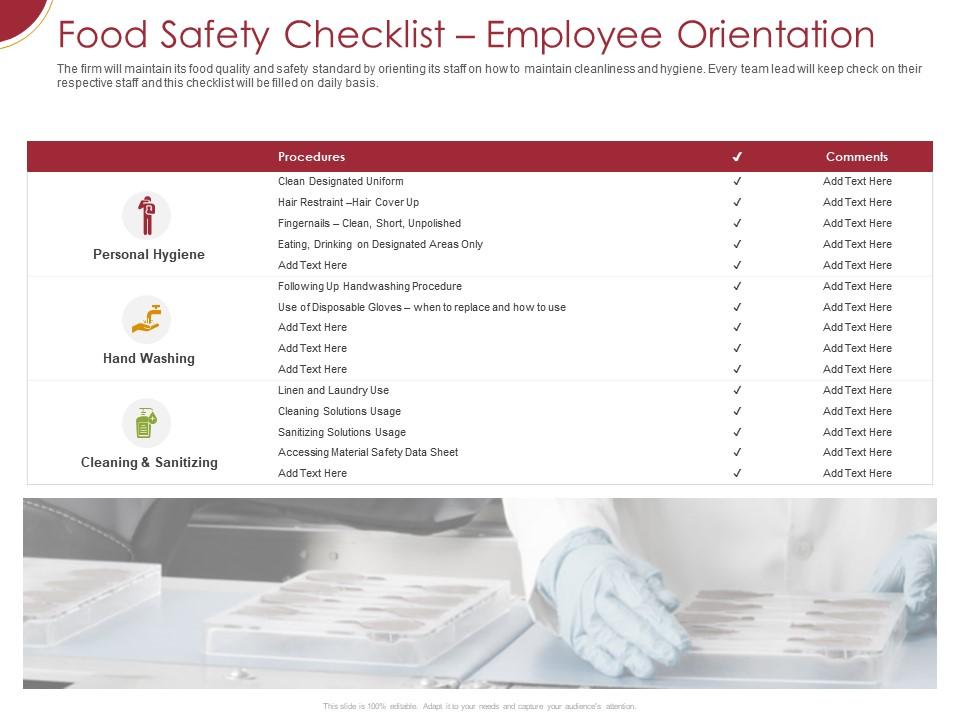 Food safety checklist employee orientation ppt powerpoint presentation infographics guidelines Slide00