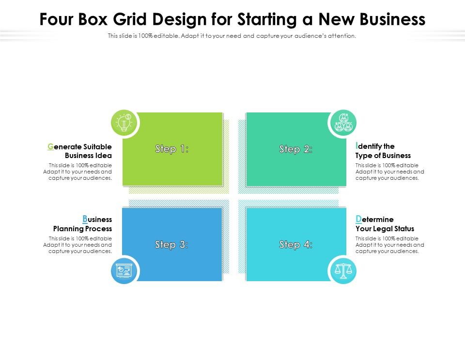 Four Box Grid Design For Starting A New Business Presentation