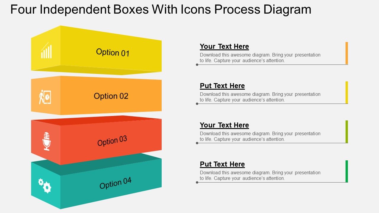 Four independent boxes with icons process diagram flat powerpoint design Slide01