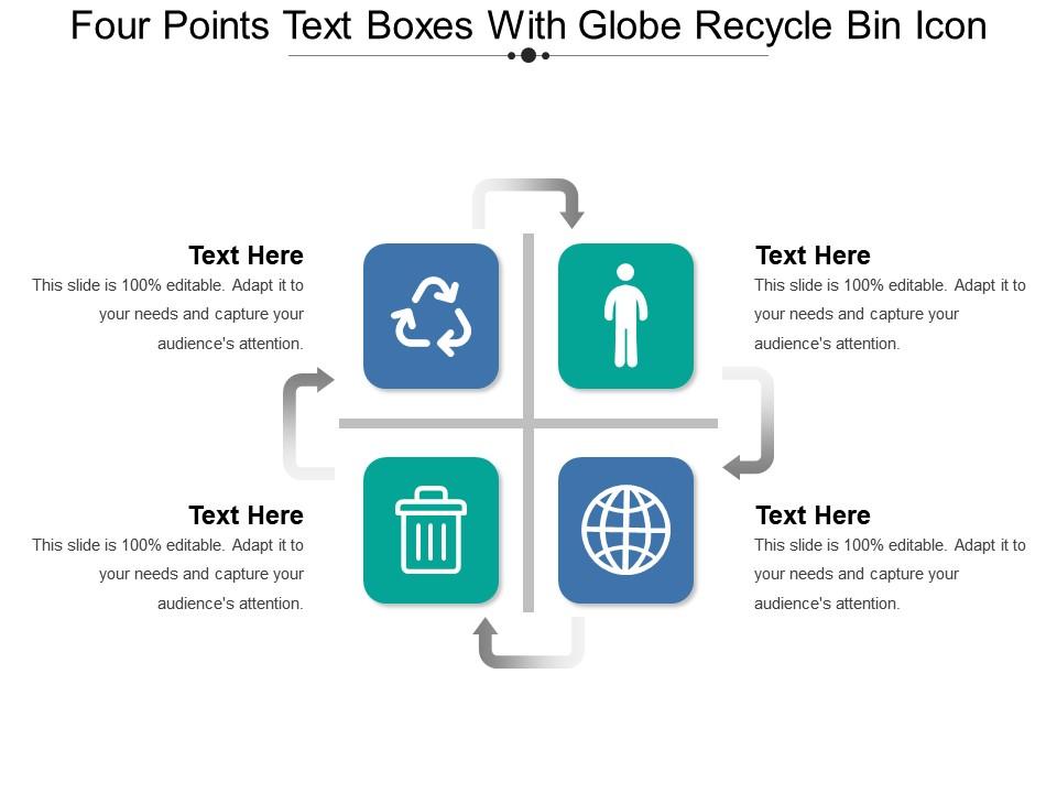 Four points text boxes with globe recycle bin icon Slide00