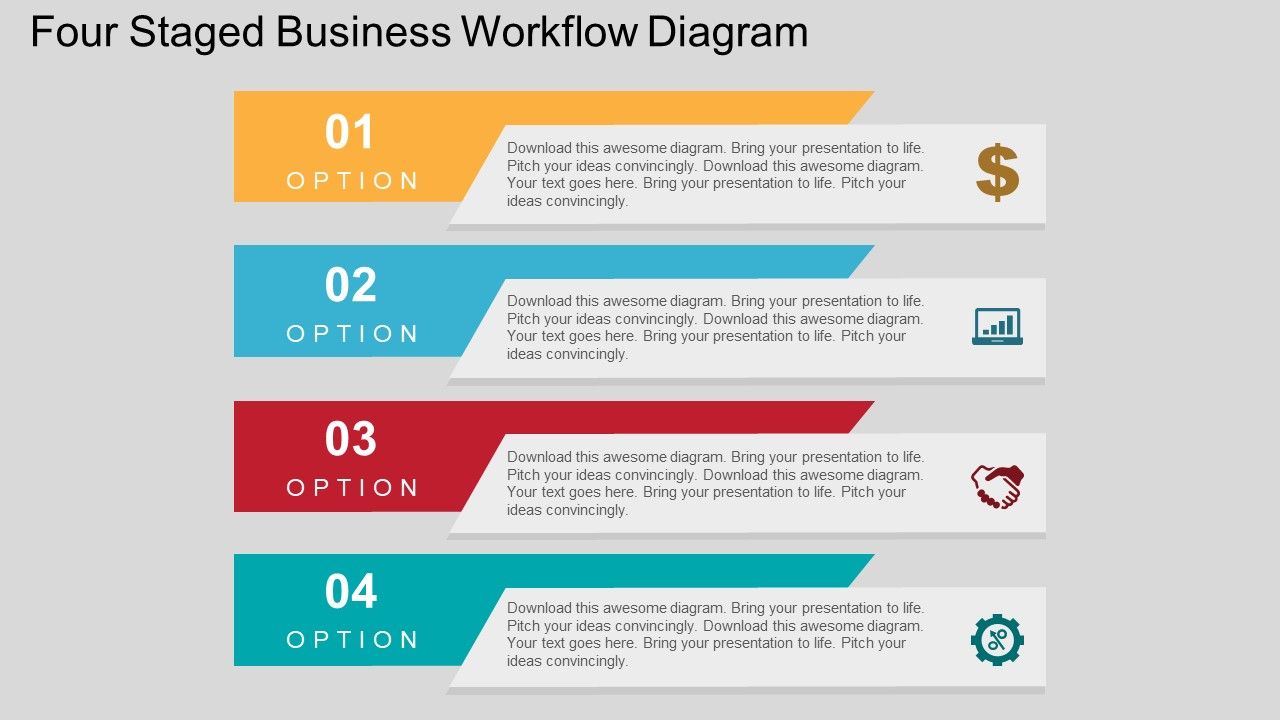 Four staged business workflow diagram flat powerpoint design Slide01