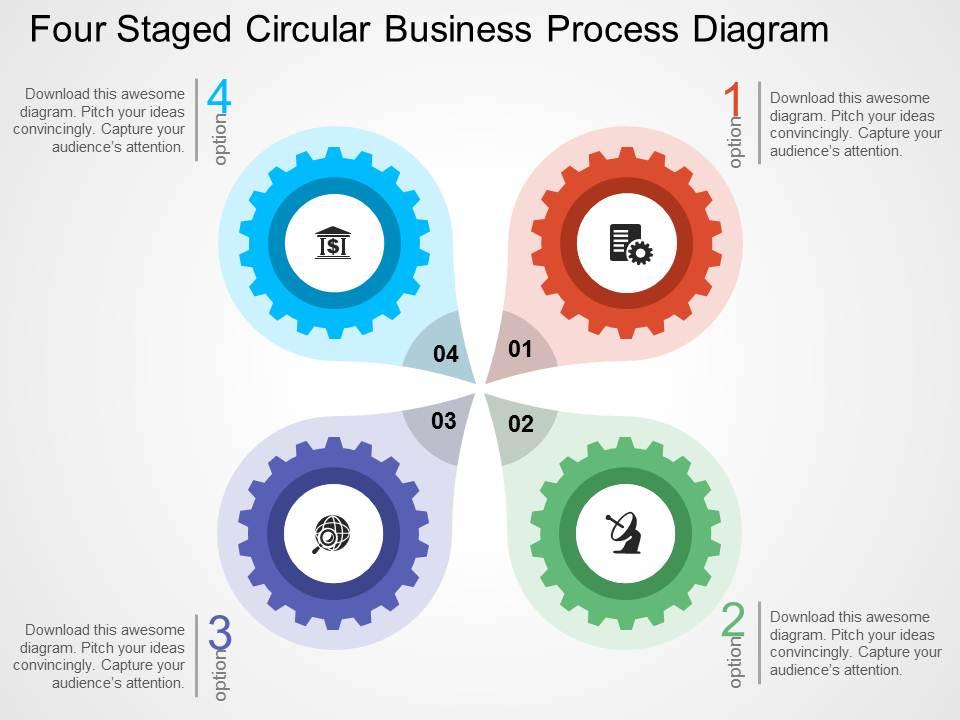 Four staged circular business process diagram flat powerpoint design Slide01
