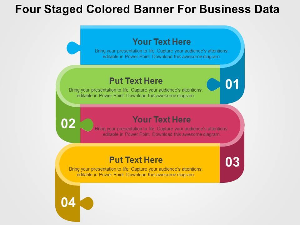 Four staged colored banner for business data flat powerpoint design Slide01