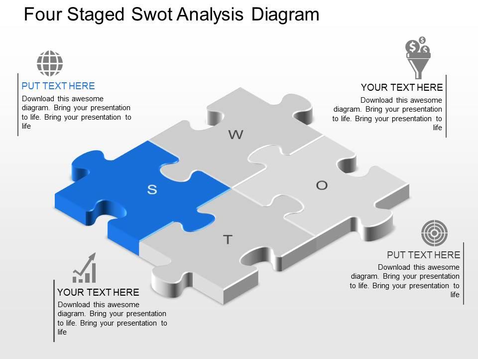 Four staged swot analysis diagram powerpoint template slide Slide01