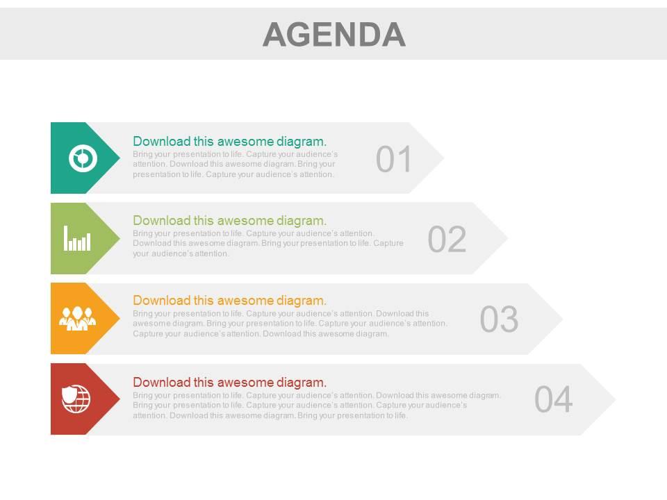 Four tags for business agenda representation powerpoint slides Slide01