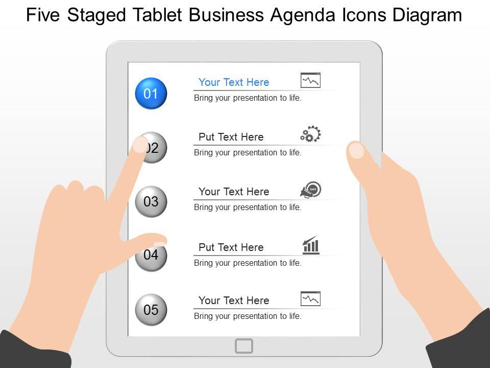 fp_five_staged_tablet_business_agenda_icons_diagram_powerpoint_template_Slide01
