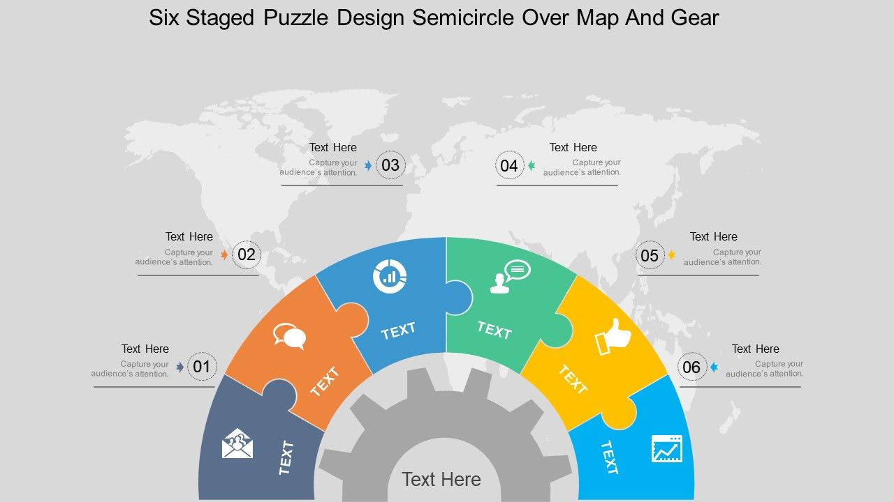 Fw six staged puzzle design semicircle over map and gear flat powerpoint design Slide01