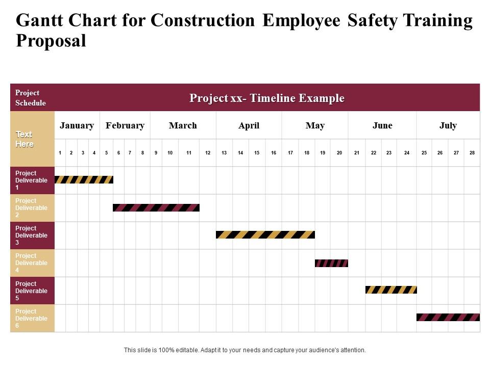 Gantt chart for construction employee safety training proposal ppt template Slide01