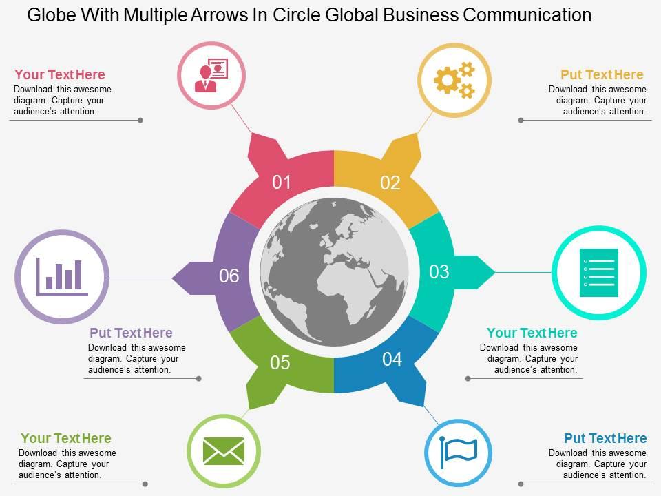 Globe with multiple arrows in circle global business communication flat powerpoint design Slide01