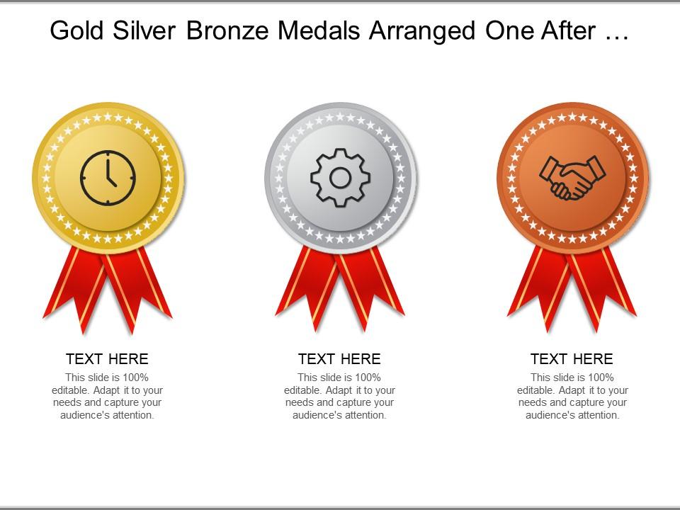Gold silver bronze medals arranged one after another for distinct categories Slide01