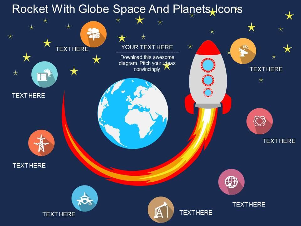 Gq rocket with globe space and planets icons flat powerpoint design Slide01