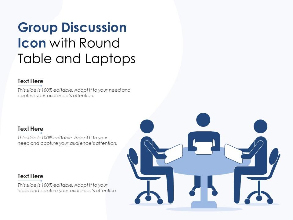 Group Discussion Icon With Round Table And Laptops Presentation Graphics Powerpoint Example Slide Templates Group Discussion Icon With Round Table, Examples Of Round Table Discussion