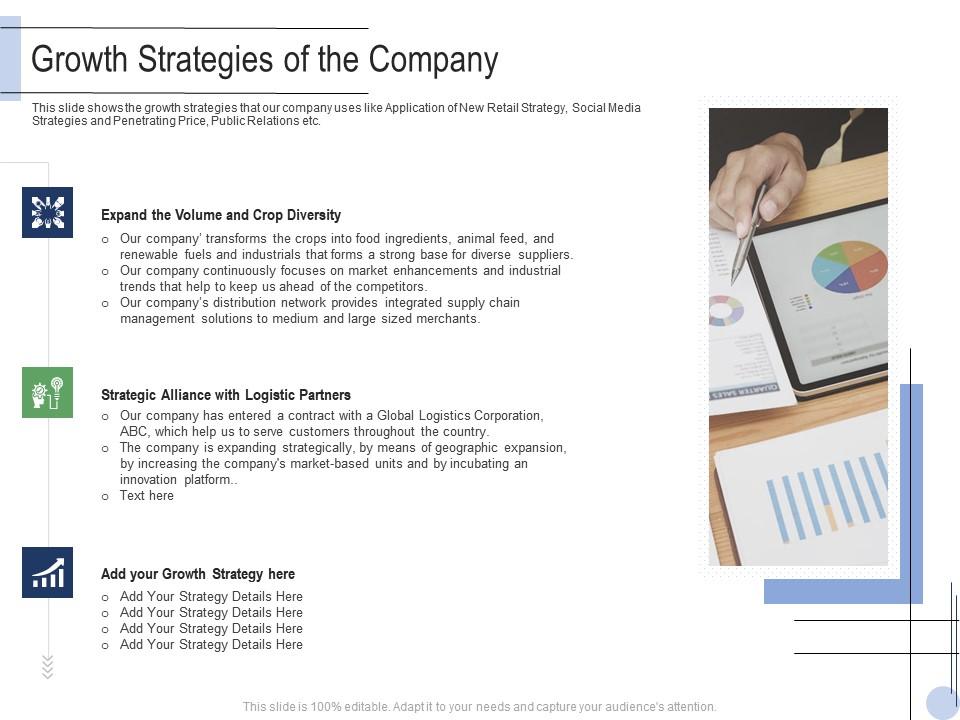 Growth strategies of the company raise grant facilities public corporations ppt template Slide00