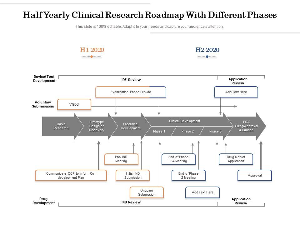 Half yearly clinical research roadmap with different phases Slide01