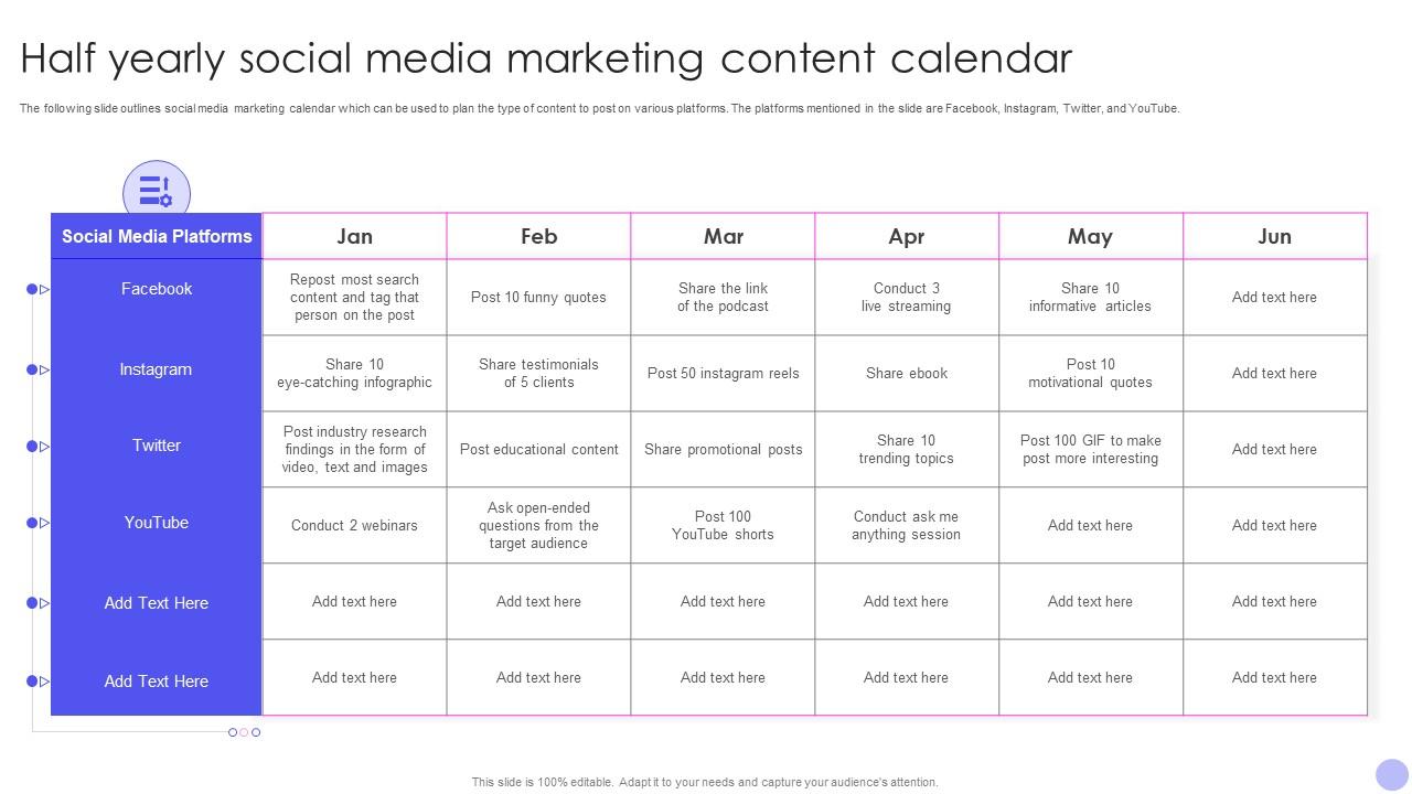 Half Yearly Social Media Marketing Content Calendar PPT PowerPoint