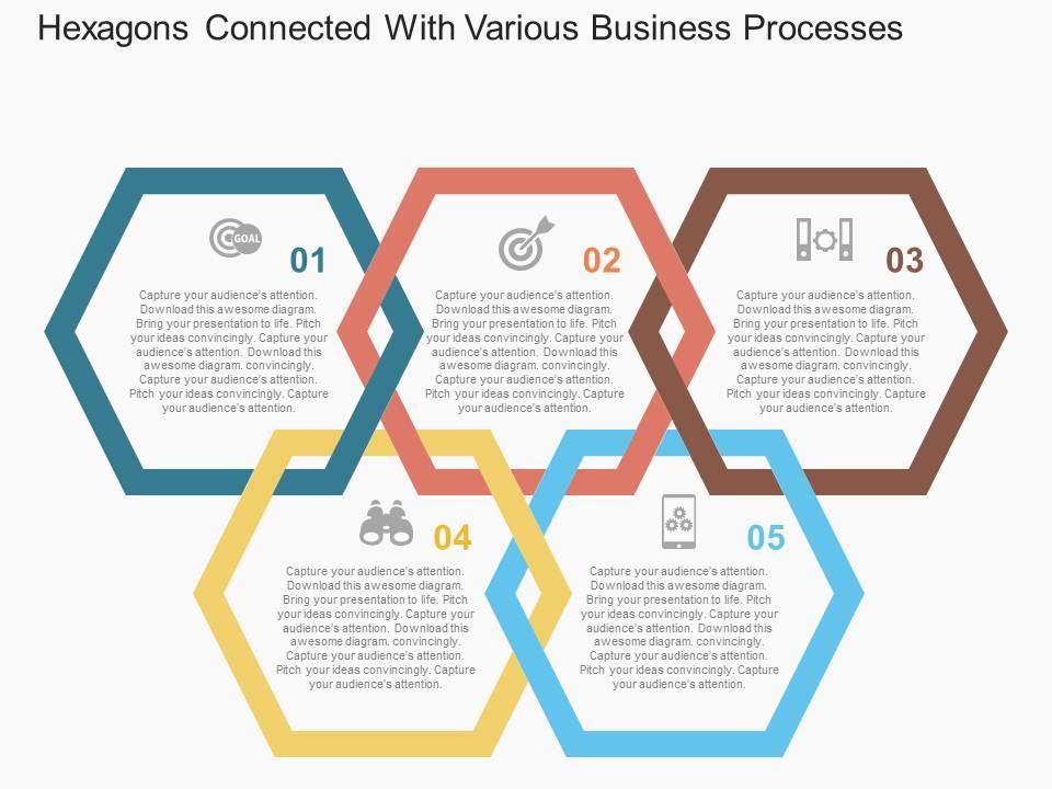 Hexagons connected with various business processes flat powerpoint design Slide01