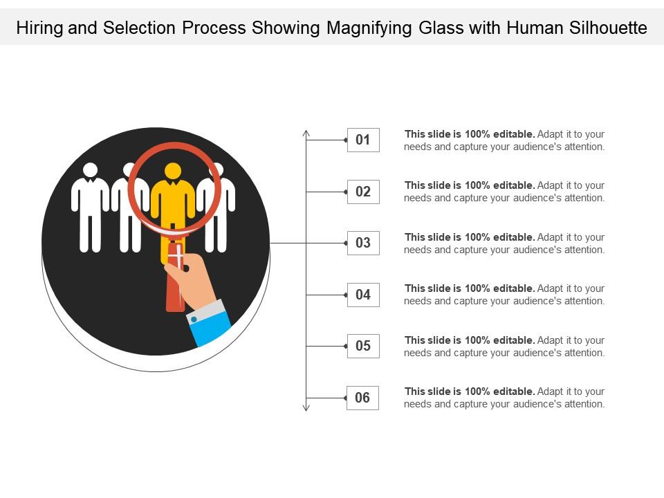 Hiring and selection process showing magnifying glass with human silhouette Slide01
