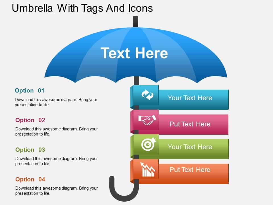 Hj umbrella with tags and icons powerpoint template Slide00