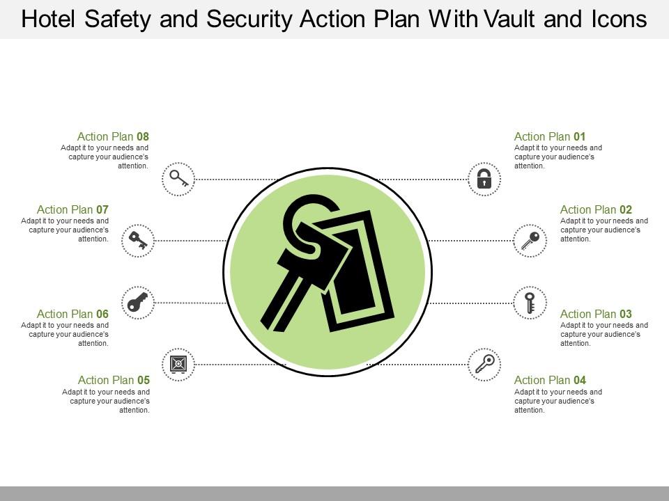 Hotel Safety And Security Action Plan With Vault And Icons
