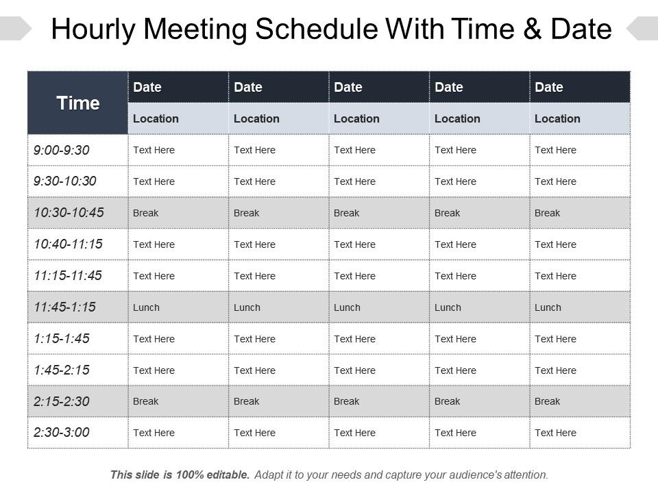 Hourly Meeting Schedule With Time And Date Ppt Diagrams PowerPoint