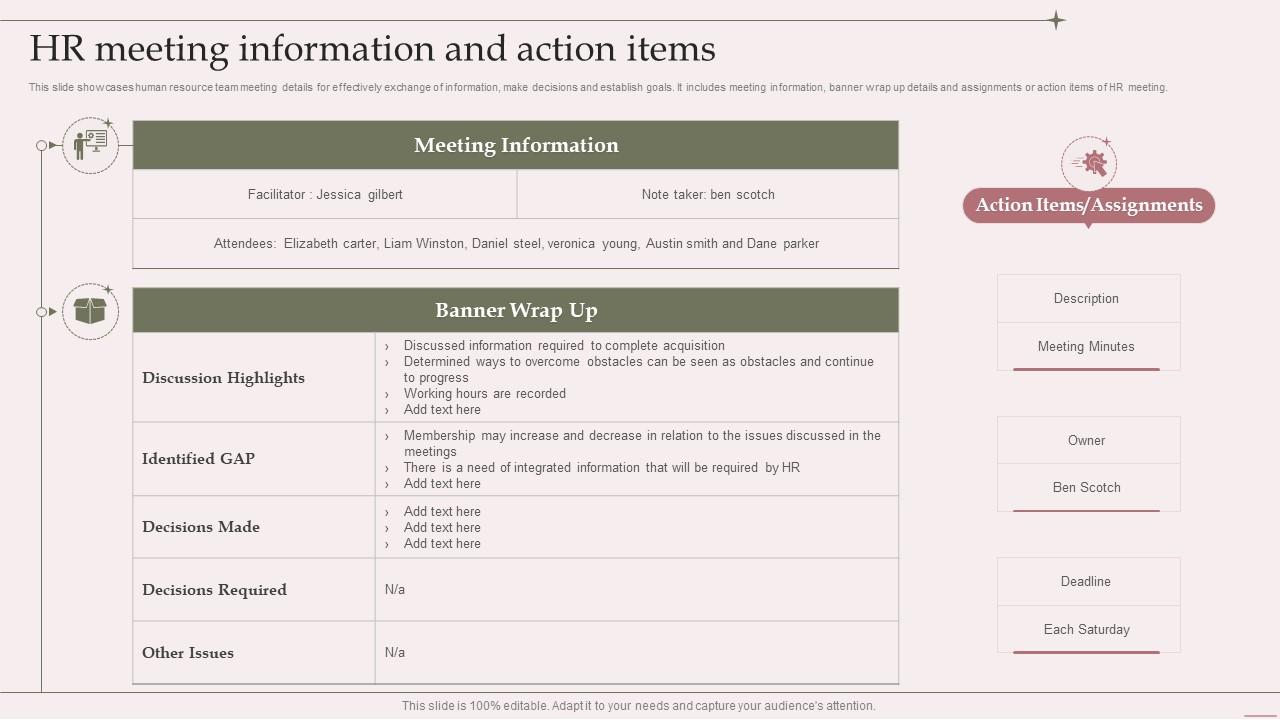 HR Meeting Information And Action Items PPT PowerPoint
