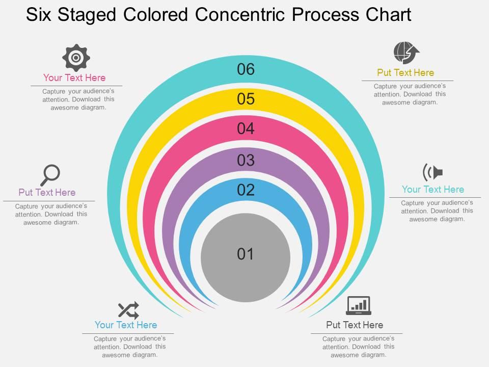 Hs six staged colored concentric process chart flat powerpoint design Slide01