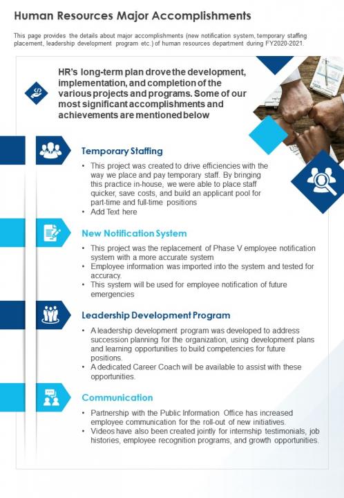 Human resources major accomplishments presentation report infographic ppt pdf document Slide01