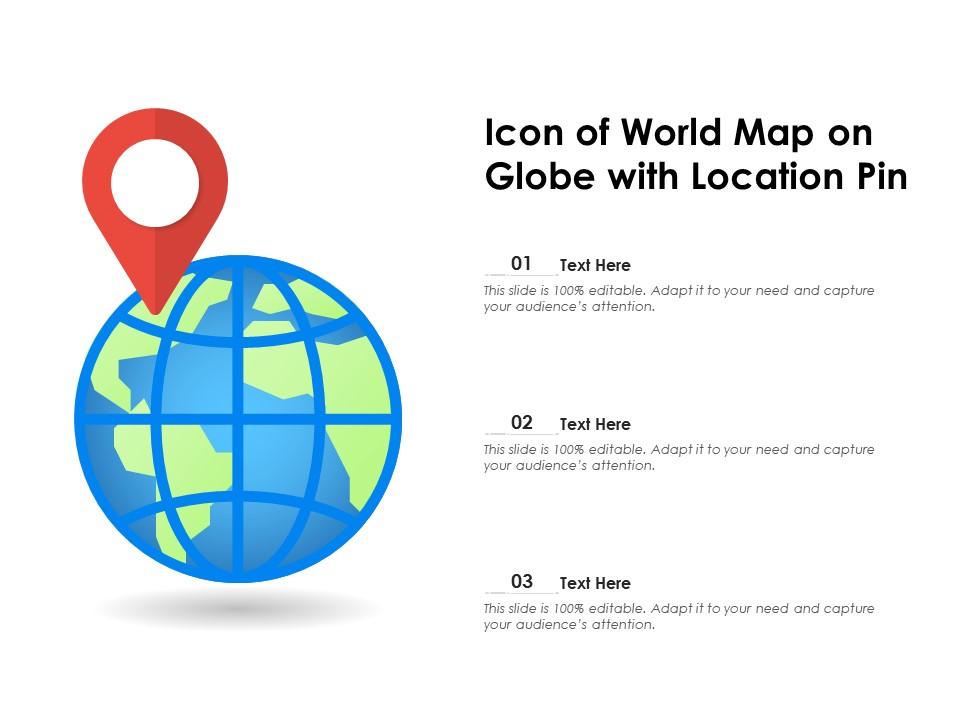 Icon of world map on globe with location pin