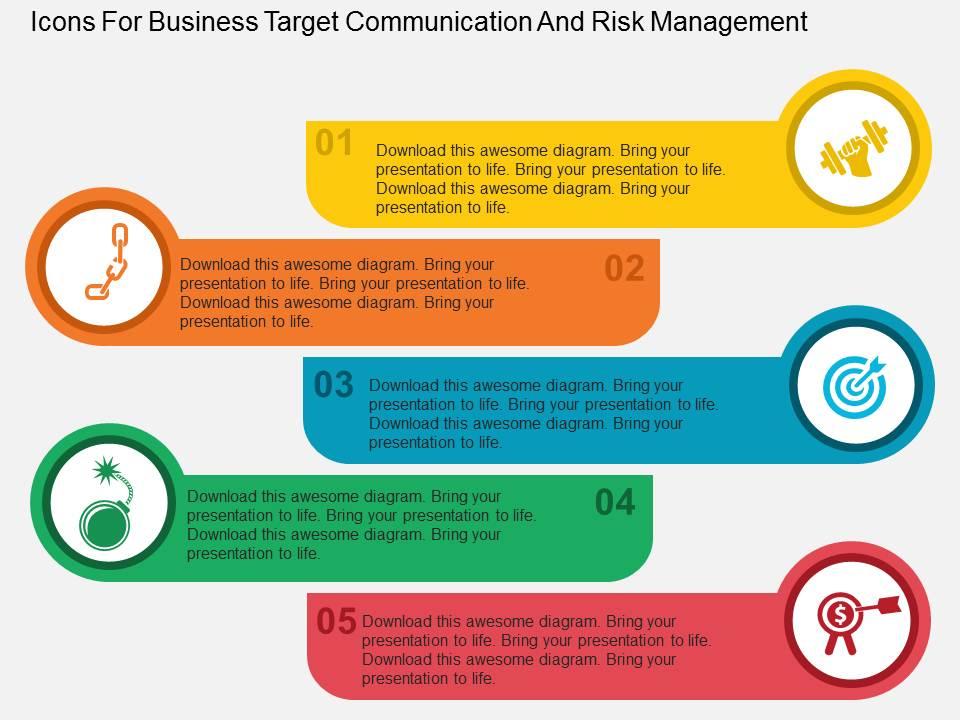 Icons For Business Target Communication And Risk Management Flat Powerpoint Slide01