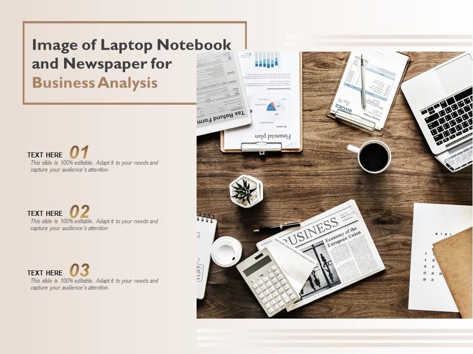 Image of laptop notebook and newspaper for business analysis Slide01
