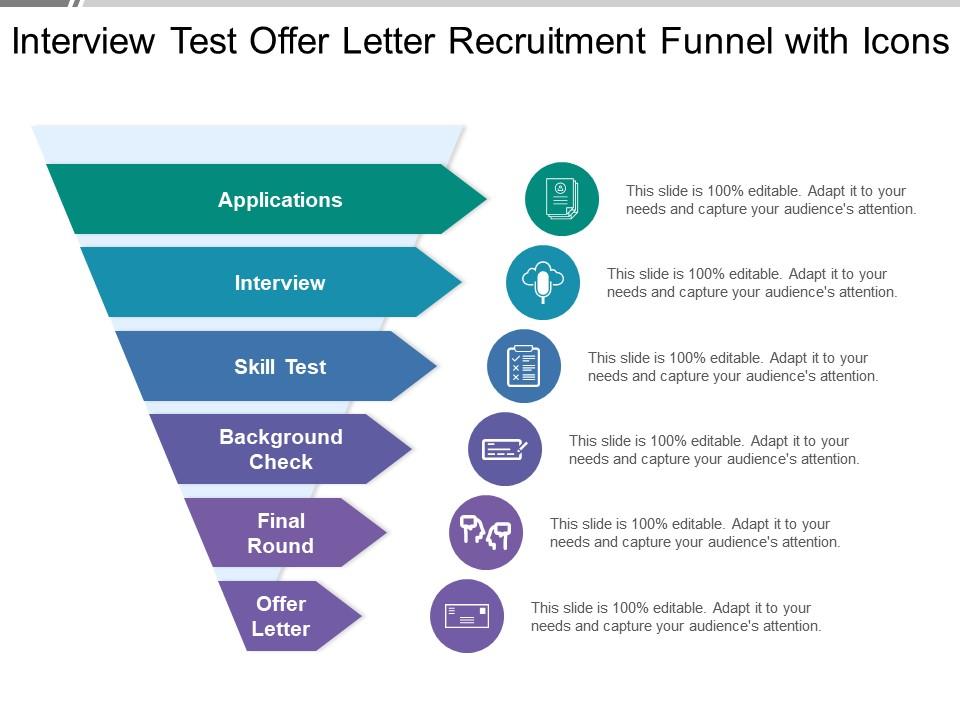 Interview test offer letter recruitment funnel with icons Slide01