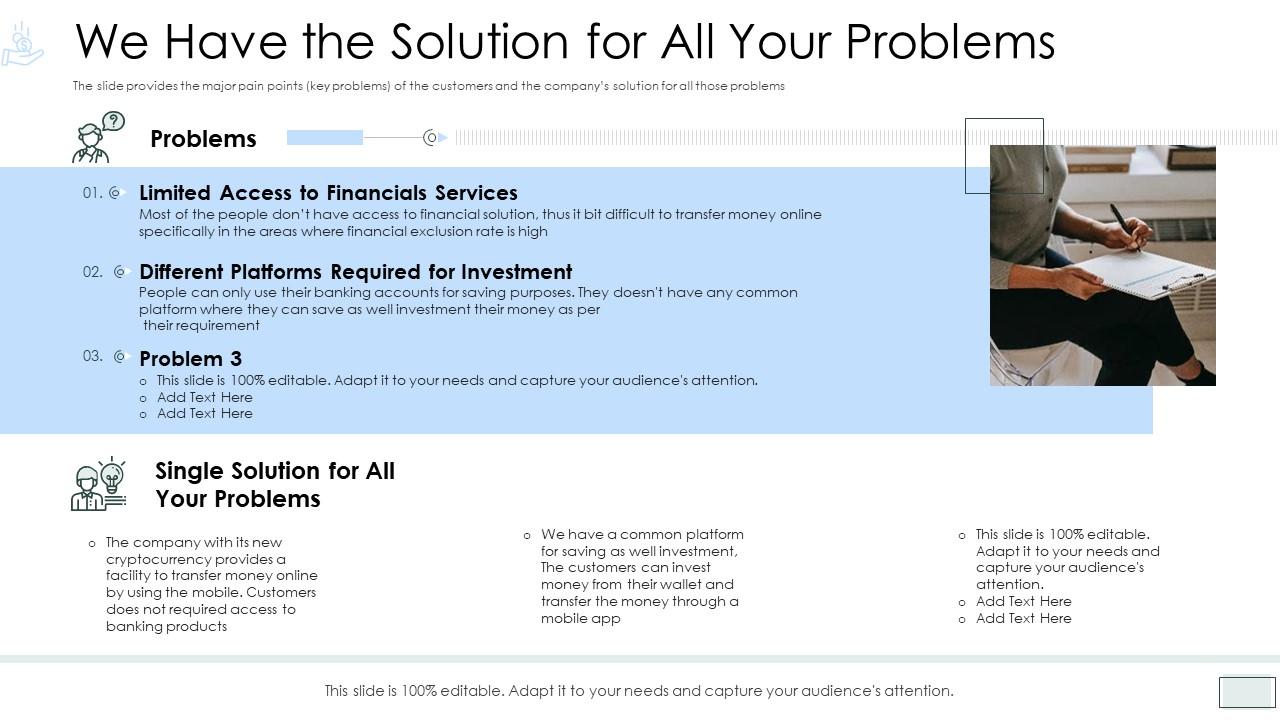Investment pitch presentation cryptocurrency funding we have the solution problems Slide01