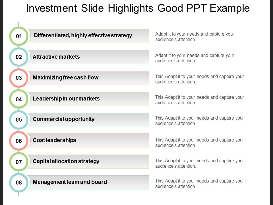 Investment slide highlights good ppt example Slide01