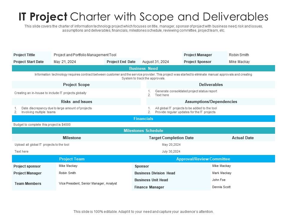It project charter with scope and deliverables Slide01