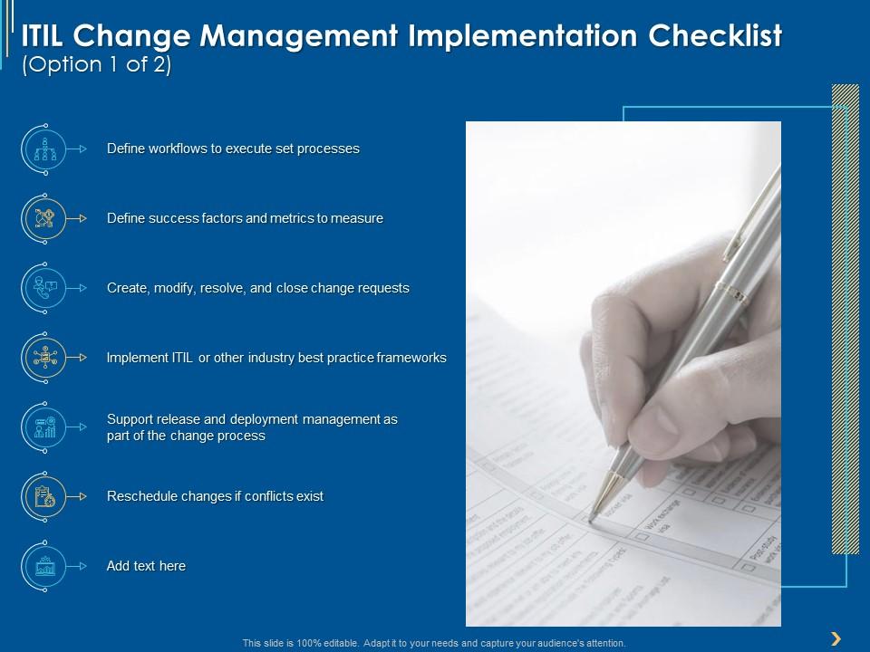 Itil change management implementation checklist processes ppt powerpoint presentation outline Slide00