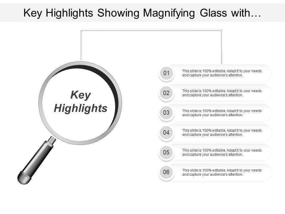 Key highlights showing magnifying glass with text options Slide01