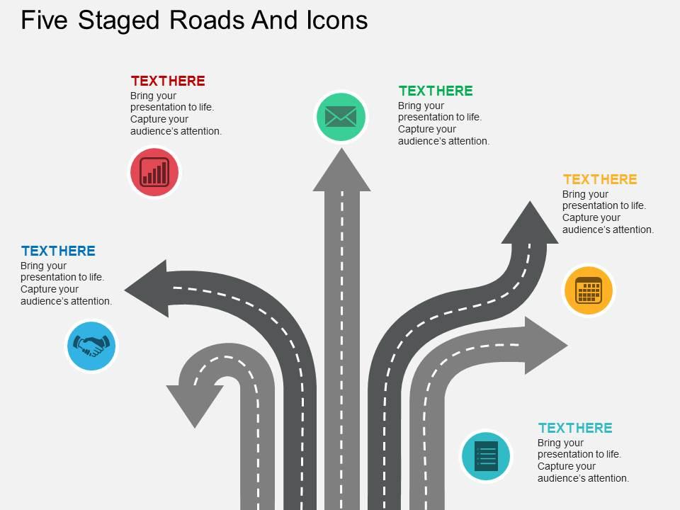 Km five staged roads and icons flat powerpoint design Slide01