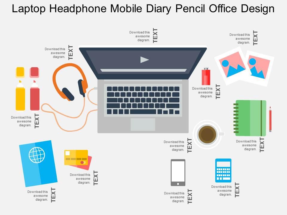 Laptop headphone mobile diary pencil office design flat powerpoint design Slide01