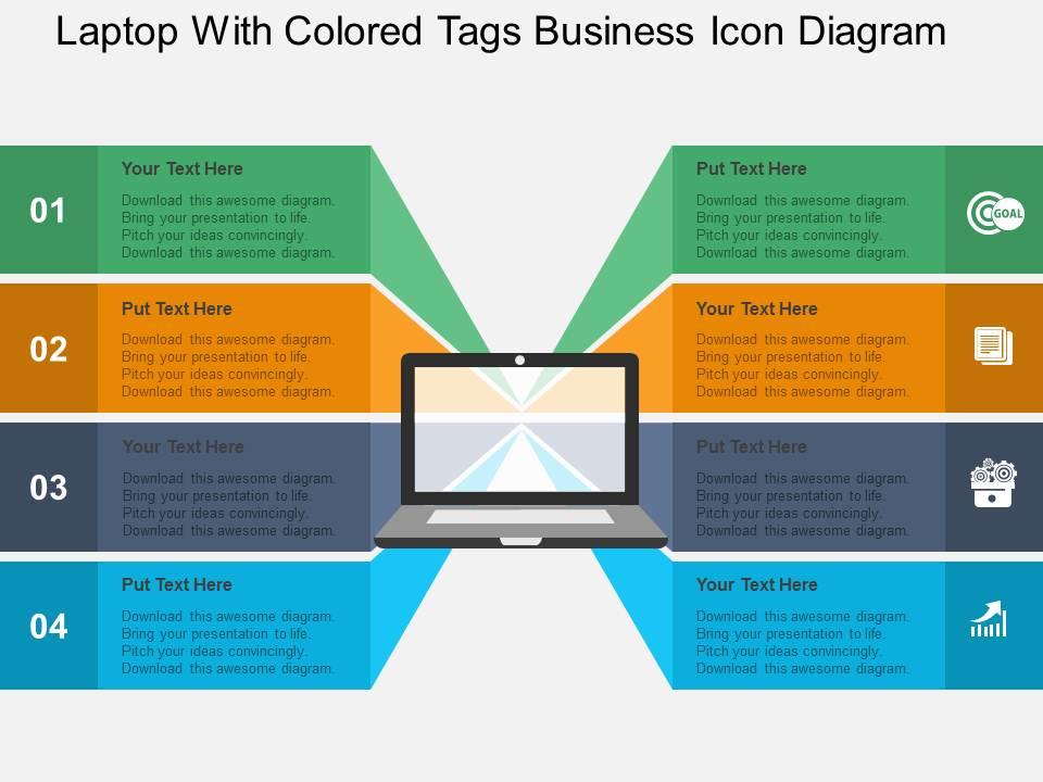 Laptop with colored tags business icon diagram flat powerpoint design Slide01