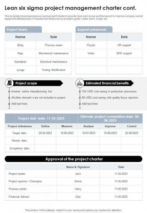 Lean Six Sigma Project Management Charter PM SS PPT Example