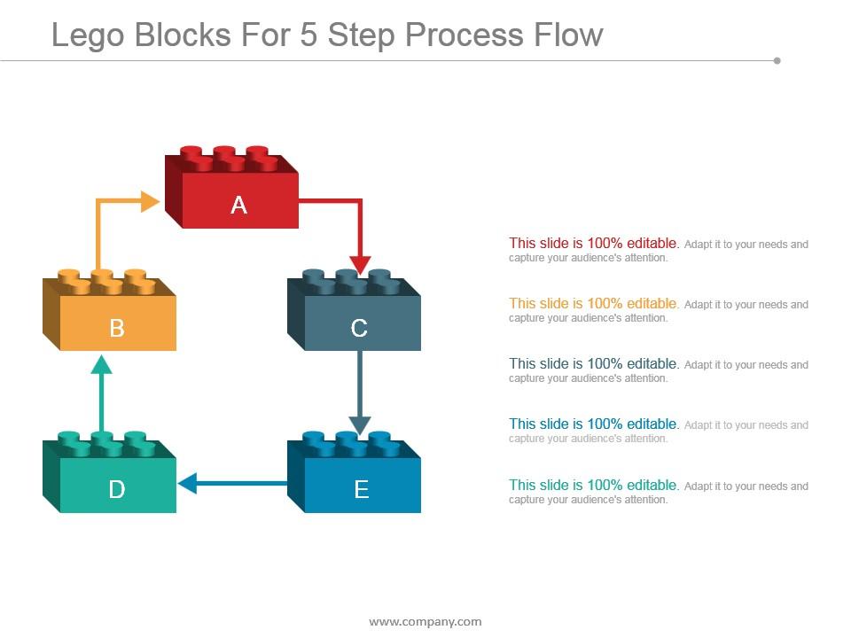 Lego blocks for 5 step process flow ppt sample download Slide01