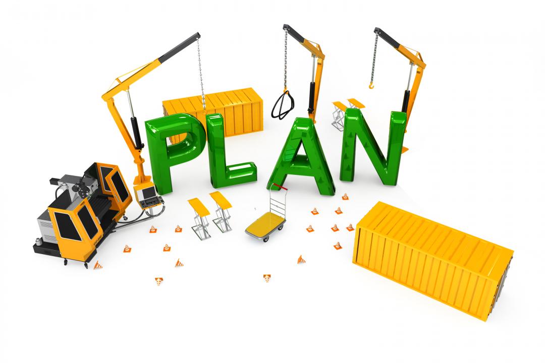 Letters of plan with building equipment showing concept of project planning stock photo Slide01