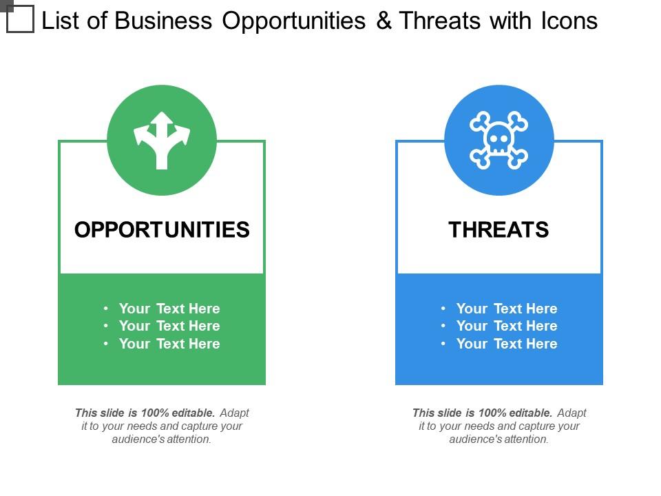 List of business opportunities and threats with icons Slide01